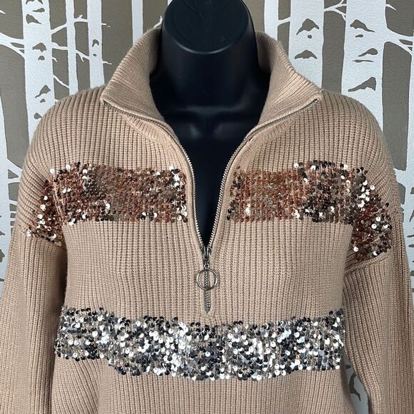 Nine West Mock Zip Neck Sequined Striped Sweater S Camel - Picture 8 of 9